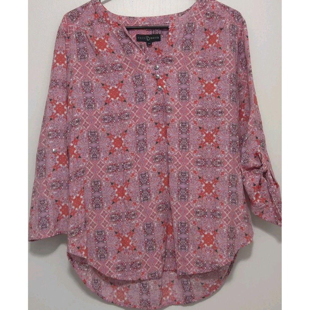 Fred David Womens Pink Geometric 3/4 Sleeve Pullover Shirt Blouse Size Medium